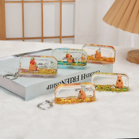 Bus Shaped Liquid Quicksand Keychain Acrylic Capybara Figure Glitter Bag Charm Hanging Pendant Cartoon Gift