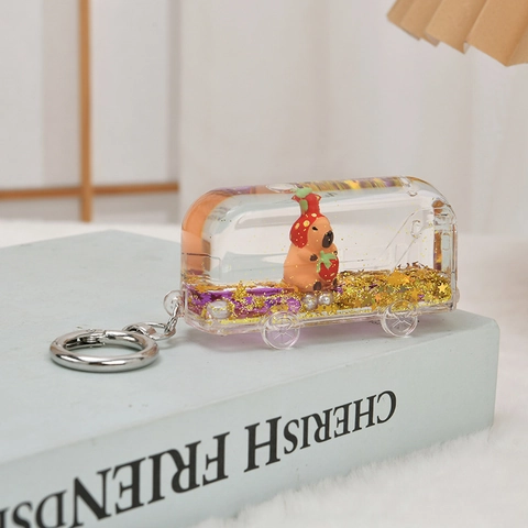 Bus Shaped Liquid Quicksand Keychain Acrylic Capybara Figure Glitter Bag Charm Hanging Pendant Cartoon Gift