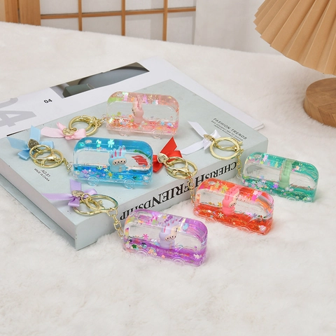 Porte-Clés Sables Mouvants En Acrylique Forme De Bus Avec Paillettes Mobiles Liquides Lapin Dessin Animé Noeud Pendentif Coeur