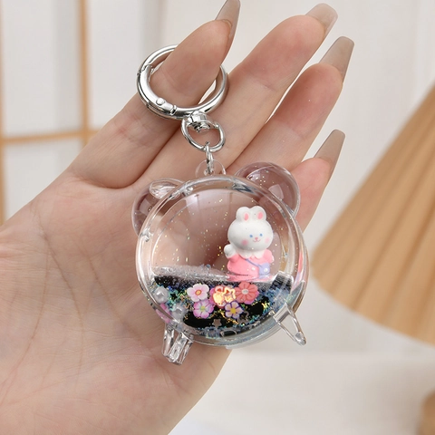 Portachiavi Con Coniglio Cartone Animato Sabbia Mobile Liquida Acrilico Trasparente Glitter Mobili Ciondolo Borsa Accessorio Per Donna