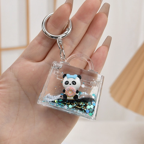 Schattige Panda Drijfzand Sleutelhanger Vloeibare Glitter Acryl Tas Charm Cartoon Donut Dier Hanger Cadeau