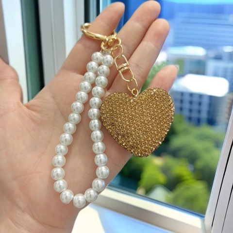 Portachiavi A Cuore Con Strass E Catena Di Künstliche Perle Sintetiche Ciondolo A Cuore In Lega Di Zinco Per Borsa