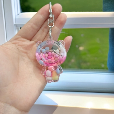 Mignon Lapin Ours Acrylique Porte-clés Sable Mouvant Liquide Pendentif Sac Avec Perles Colorées Fermoir Homard