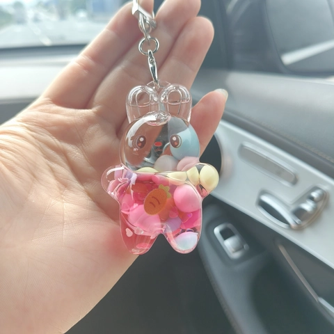 Mignon Lapin Ours Acrylique Porte-clés Sable Mouvant Liquide Pendentif Sac Avec Perles Colorées Fermoir Homard