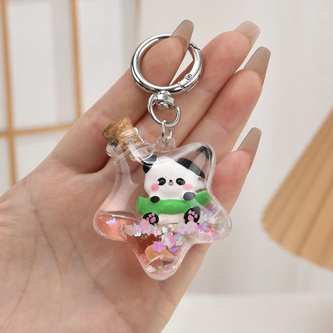Porte-clés Bouteille Flottante Panda Dessin Animé Porte-clés Liquide en Forme d'Étoile pour Pendentif de Sac Filles Cadeau Mignon