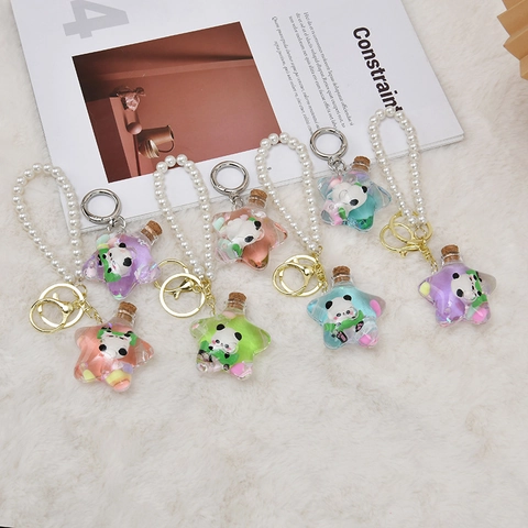 Porte-clés Bouteille Flottante Panda Dessin Animé Porte-clés Liquide en Forme d'Étoile pour Pendentif de Sac Filles Cadeau Mignon