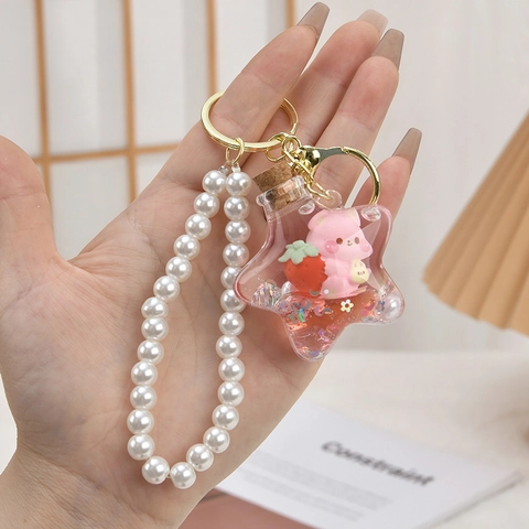 Simpatico Portachiavi Sabbie Mobili a Stella Con Orsetto Fragola Catena Di Perle Sintetiche Ciondolo Per Borsa