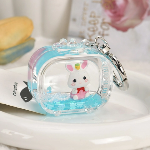 Süßer Cartoon Hase Flüssig Treibsand Schlüsselanhänger Acryl Transparente Flasche Tasche Charm Blau Pailletten Anhänger