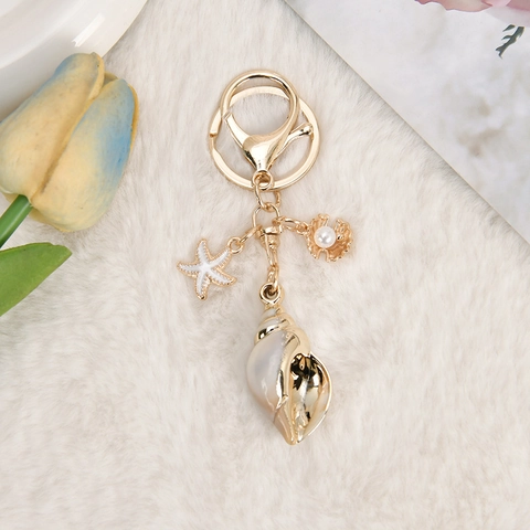 Ocean Theme Keychain With Natural Shell Conch Starfish And Faux Artificial Pearl Gold Alloy Beach Style Bag Charm Accessories