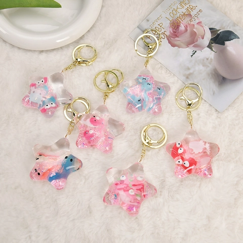 Star Quicksand Keychain Liquid Acrylic Bag Pendant With Ocean Animal Moving Glitter Gold Lobster Clasp For Women Girls