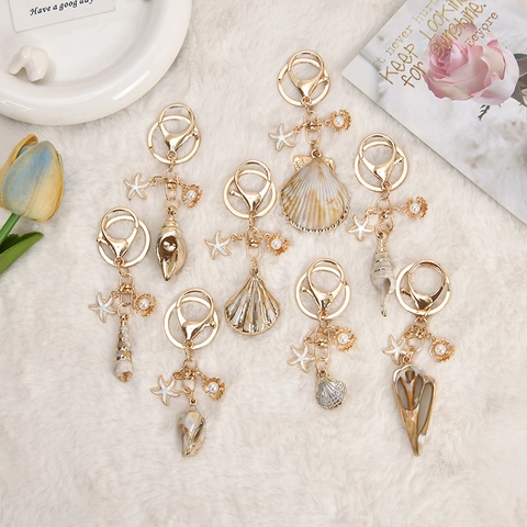 Ocean Theme Keychain With Natural Shell Conch Starfish And Faux Artificial Pearl Gold Alloy Beach Style Bag Charm Accessories
