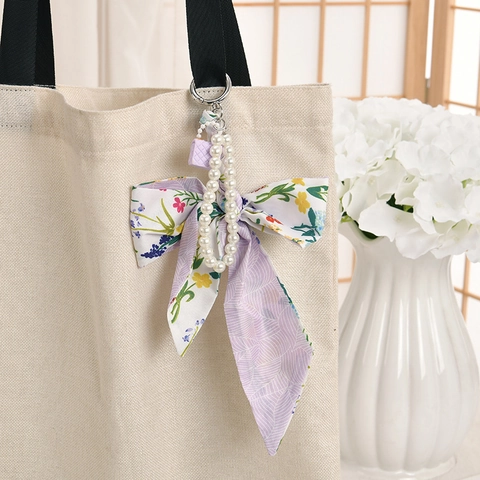 Floral Bow Bag Charm Faux Artificial Pearl Chain Satin Fabric Keychain Decorative Pendant For Handbags