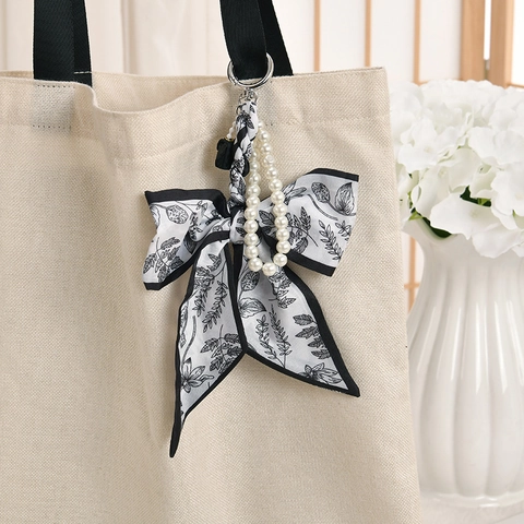 Elegant Satin Scarf Bow Bag Charm With Faux Pearl Chain Floral Printed Bowknot Keychain For Women Backpack Decoration Handbag Accessory