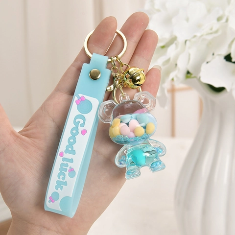 Creative Cartoon Quicksand Keychain Liquid Acrylic Bear Astronaut Starfish Keyring With Silicone Wristlet Strap For Bags