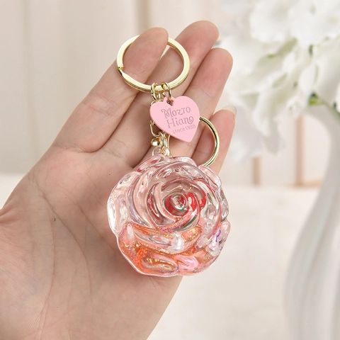 Portachiavi Fiore Rosa Acrilico Sabbie Mobili Liquido Ciondolo Borsa Con Ciondolo Cuore Fibbia In Lega Dorata