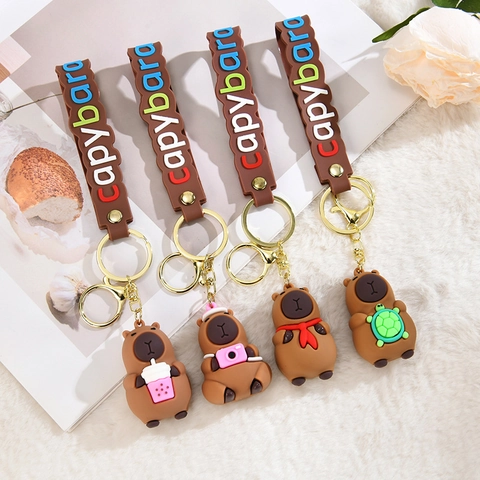 Cute Capybara PVC Keychain Cartoon Animal Bag Pendant With Colorful Letter Wristlet Strap Golden Key Ring For Kids Women Gift