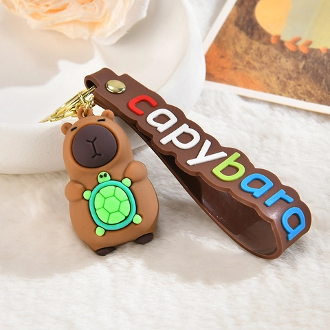 Cute Capybara PVC Keychain Cartoon Animal Bag Pendant With Colorful Letter Wristlet Strap Golden Key Ring For Kids Women Gift