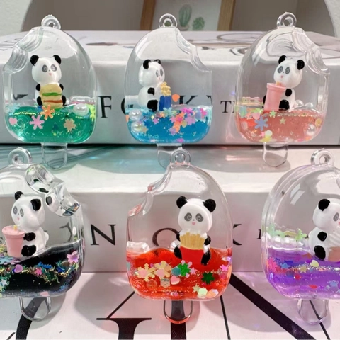 Portachiavi Panda Cartone Animato Ghiacciolo Sabbie Mobili Acrilico Liquido Glitter Paillettes Con Campanello Ciondolo Borsa Regalo