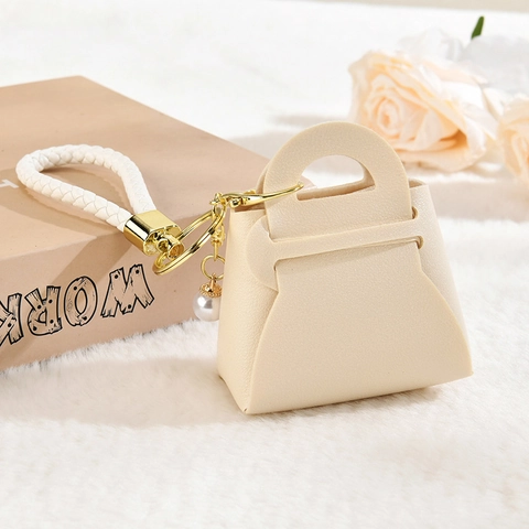 Llavero Forma Mini Bolso Colgante Para Bolso Cuero PU Con Cordón Trenzado Metal Dorado Perla Artificial Decorativo