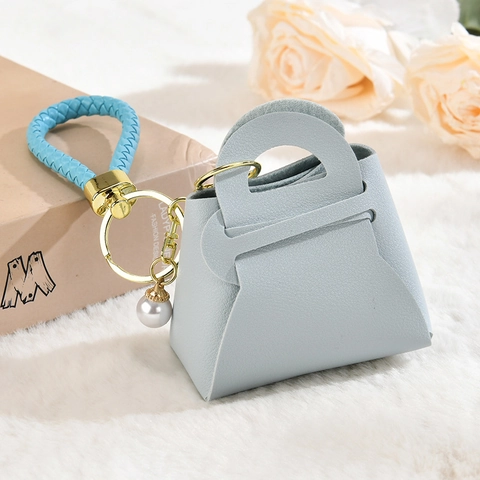 Llavero Forma Mini Bolso Colgante Para Bolso Cuero PU Con Cordón Trenzado Metal Dorado Perla Artificial Decorativo