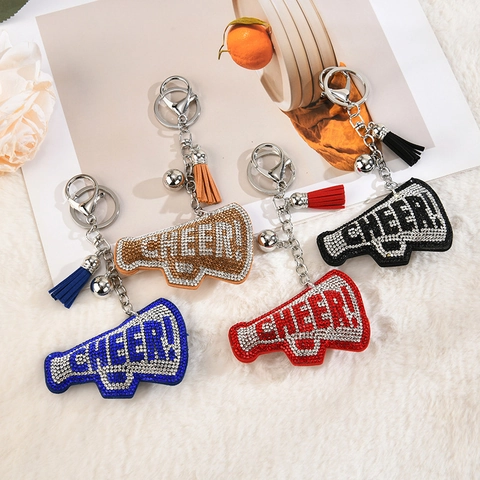Llavero De Megáfono Con Diamantes De Imitación Letras Cheer Altavoz Amuleto De Bolso Con Borla De Cuero Y Campana De Metal