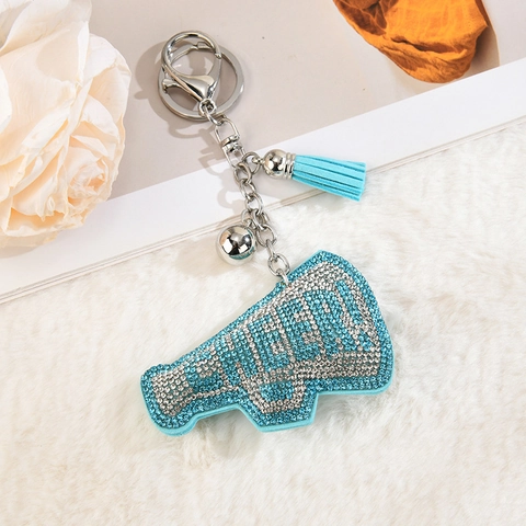 Llavero De Megáfono Con Diamantes De Imitación Letras Cheer Altavoz Amuleto De Bolso Con Borla De Cuero Y Campana De Metal