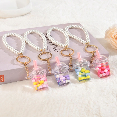 Llavero De Taza Té Con Leche Con Pulsera Perlas Artificiales Imitación Arena Movediza Líquida Mini Botella Bebida Amuleto Bolso Lindo Plástico Para Mujeres Niñas