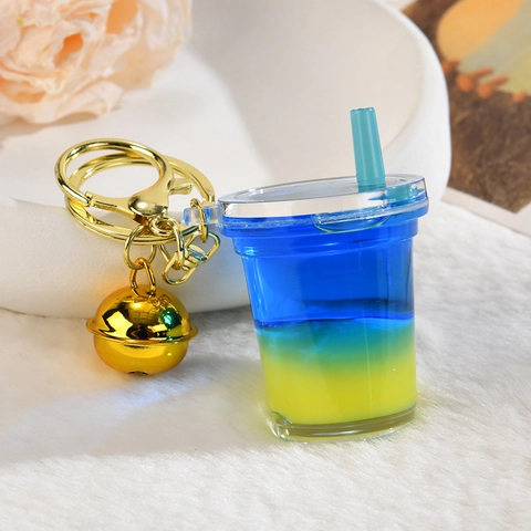 Cute Miniature Milk Tea Cup Keychain Acrylic Liquid Quicksand Pendant With Golden Metal Bell For Backpack Bag Charm