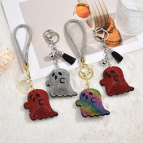 Portachiavi Fantasma Halloween Strass Lega Zinco Ciondolo Borsa Luccicante Arcobaleno Nappina Campanellino Gioielli