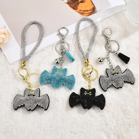Bat Shape Rhinestone Keychain Alloy Glitter Bag Pendant Tassel Halloween Party Accessory For Women Girls Gift