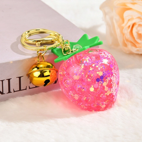 Porte-Clés Fraise Résine Acrylique Pendentif Fruit Avec Paillettes Scintillantes Cloche En Alliage Dragonne En Strass Cadeau Pour Femmes