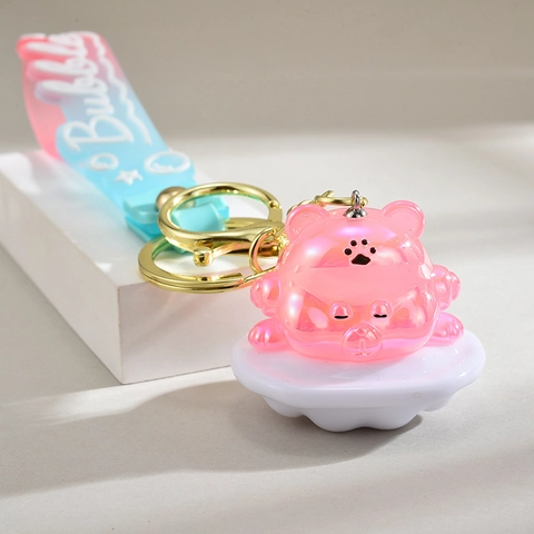 Porte-Clés Ours Dessin Animé Pendentif Résine Acrylique Avec Dragonne Silicone Et Base Nuage Accessoire Sac Iridescent