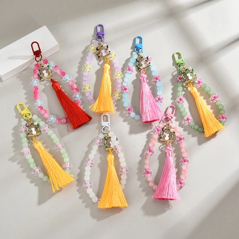 Beaded Keychain With Cat Charm Moon Star Pendant Glass Acrylic Beads Satin Tassel Bag Charm For Women Handmade