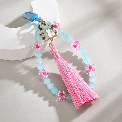Beaded Keychain With Cat Charm Moon Star Pendant Glass Acrylic Beads Satin Tassel Bag Charm For Women Handmade