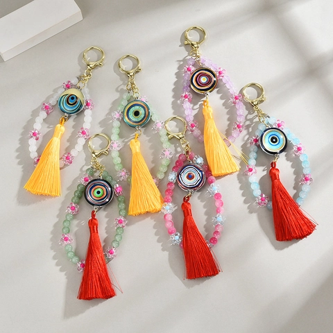 Evil Eye Keychain Beaded Tassel Glass Beads Boho Style Bag Charm Handmade Ethnic Jewelry Lucky Accessory For Women