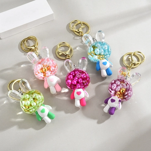 Cute Cartoon Rabbit Keychain Astronaut Space Pendant Acrylic Clear Head With Artificial Pearls Lucky Backpack Accessory For Kids Girls