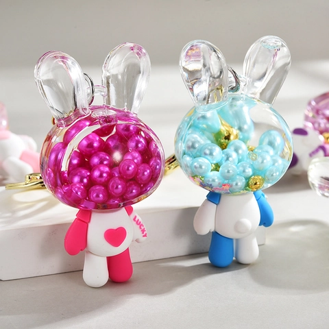 Cute Cartoon Rabbit Keychain Astronaut Space Pendant Acrylic Clear Head With Artificial Pearls Lucky Backpack Accessory For Kids Girls