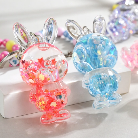Luminous Rabbit Bear Violin Shape Keychain With Liquid Quicksand Glitter Acrylic Cartoon Pendant For Bags Backpacks