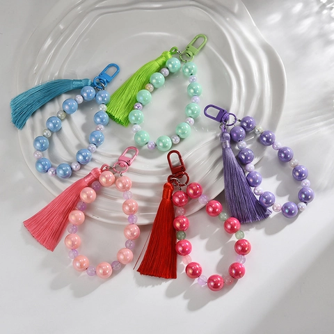 Iridescent Beaded Keychain With Satin Tassel Acrylic Beads Colorful Phone Lanyard Bag Charm For Women Fresh Style