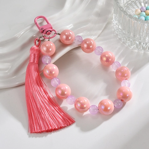 Iridescent Beaded Keychain With Satin Tassel Acrylic Beads Colorful Phone Lanyard Bag Charm For Women Fresh Style