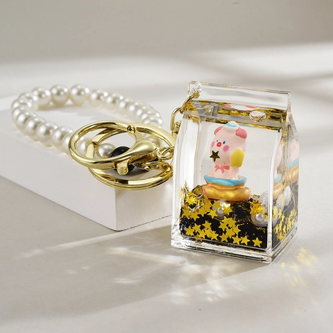 Cute Piggy Liquid Quicksand Keychain Acrylic Moving Star Sequins Bag Charm With Faux Artificial Pearl Strap And Bell For Girls