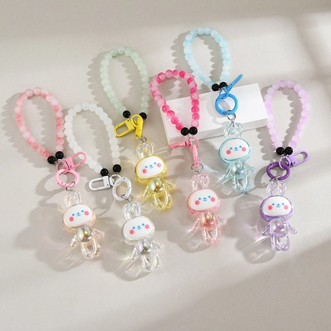 Iridescent Rabbit Keychain Pendant Aurora Acrylic Cartoon Animal Charm With Colorful Bead Strap For Bag Decoration