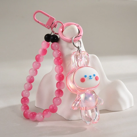 Iridescent Rabbit Keychain Pendant Aurora Acrylic Cartoon Animal Charm With Colorful Bead Strap For Bag Decoration