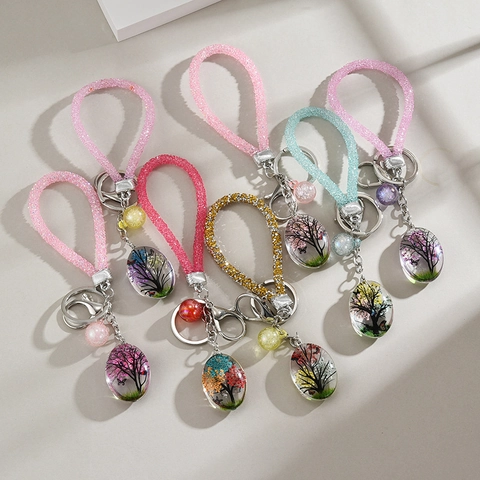 Tree Of Life Keychain Resin Dried Flower Pendant Shimmering Rhinestone Strap Butterfly Bag Charm Gift For Women