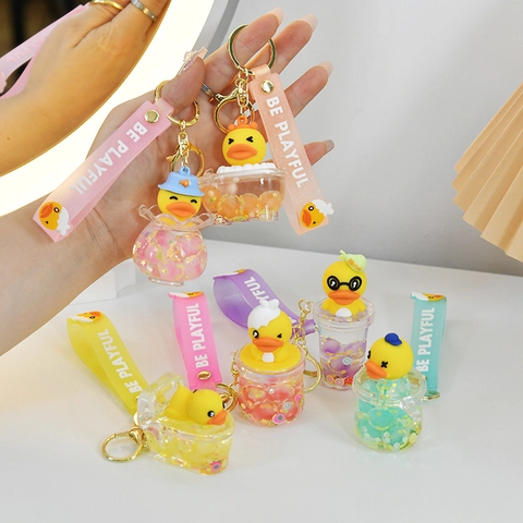 Mignon Petit Canard Jaune Porte-Clés Lumineux Sable Mouvant Huile Pendentif Bulles Flottantes Acrylique Silicone Sangle