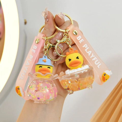 Mignon Petit Canard Jaune Porte-Clés Lumineux Sable Mouvant Huile Pendentif Bulles Flottantes Acrylique Silicone Sangle