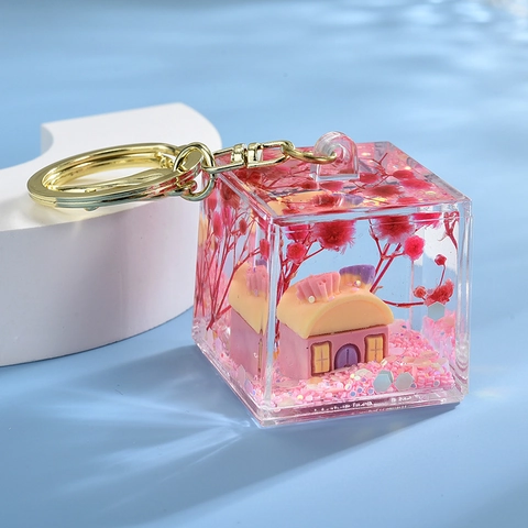Porte-Clés Mini Cube En Résine Avec Micro Paysage Maison Fleurs Séchées Et Paillettes Pendentif Acrylique Transparent