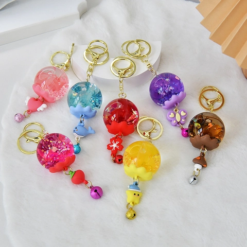 Portachiavi Creativo Cartone Animato Con Sfera In Resina Liquida Glitter Fiori Secchi E Campanellino