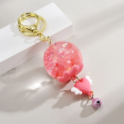 Portachiavi Creativo Cartone Animato Con Sfera In Resina Liquida Glitter Fiori Secchi E Campanellino