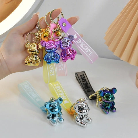 Electroplated Gradient Bear Keychain With Bell And Silicone Strap Cartoon Bag Charm For Women Men Cute Key Holder